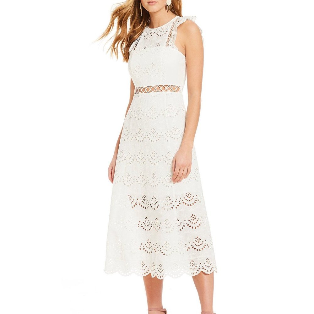 Sam Edelman White Eyelet Ruffle Lace Midi Dress